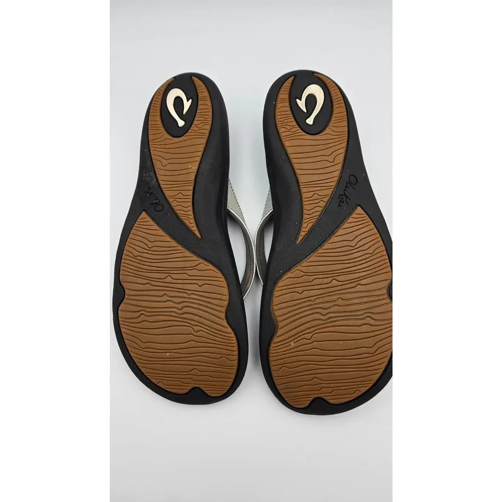 Olukai Kulapa Kai Womens Thong Sandals Flip Flops Black Silver Metallic Size 11